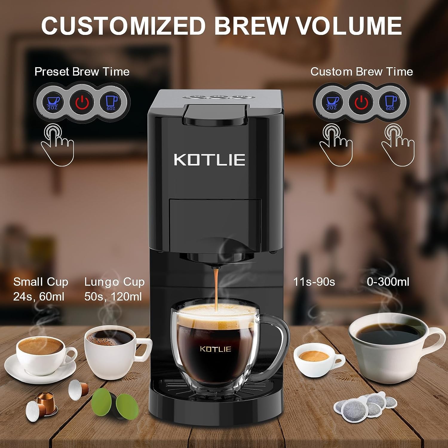 KOTLIE Latest Single Serve Coffee Maker,4in1 Espresso Coffee Machine for K-Cup/Nespresso Original/Ground Coffee/illy ESE Pods Coffee Machine,3 Pods,2 Bowl,2oz to 10oz Cups,28oz Water Tank,19 Bar,1450W