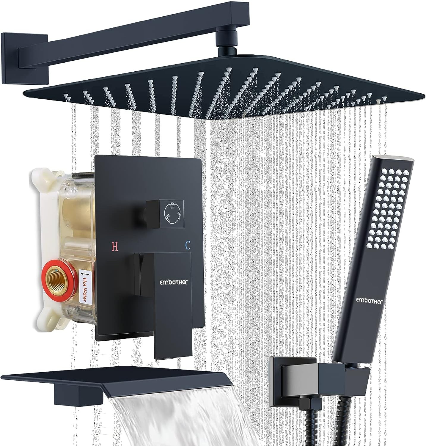 EMBATHER Shower System with Tub Spout, 10 Inches Tub Shower Faucet Set For Bathroom, High Pressure Rain Shower with Handheld Spray, Matte Black (Contain Shower Valve and Trim kit)