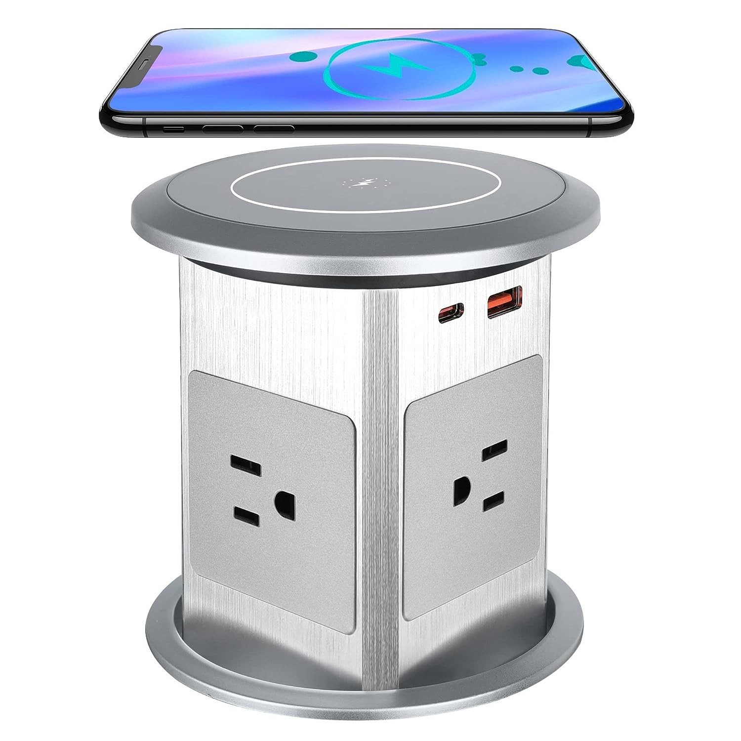 Automatic Pop Up Outlet, 3.9"Pop Up Outlet for Countertop With 15w Wireless Charger,4 Ac,1 Usb A,1 Usb C,Pop Up Outlet For Kitchen Countertop 7 In 1 Sliver Pop Up Electrical Outlets For Countertops