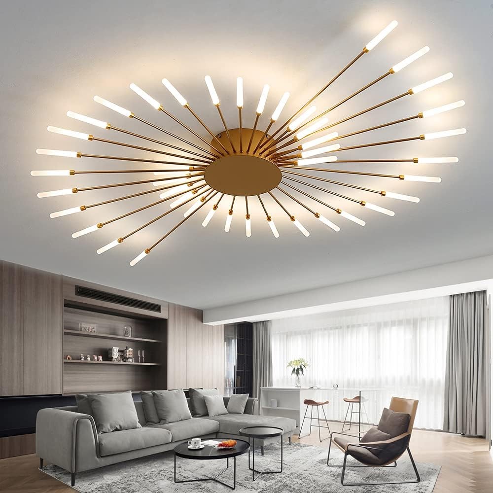 JAYMP Ceiling Light Modern Flower Shape Ceiling Lamp for Living Room Bedroom Flush Mount Metal Acrylic Sputnik Firework Petal LED Lighting Fixture (Gold, 42 Heads)